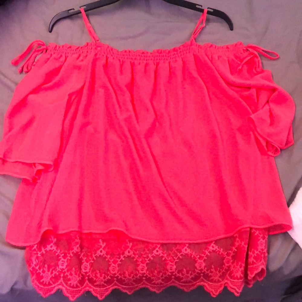 Large off the shoulder coral colored shirt